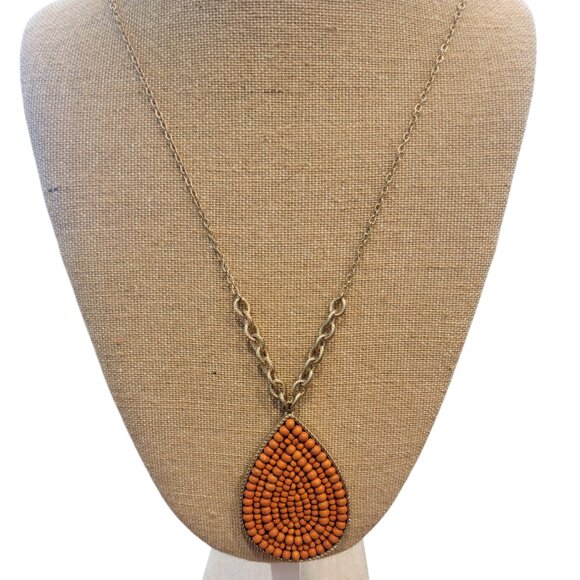 Retro Plunder Avery Teardrop Coral Beaded Pendant Gold-tone 36” Necklace Signed - Picture 1 of 11